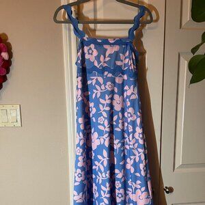 Women's Blue & Pink Floral Sundress - Scalloped Straps - Midi - Size Medium